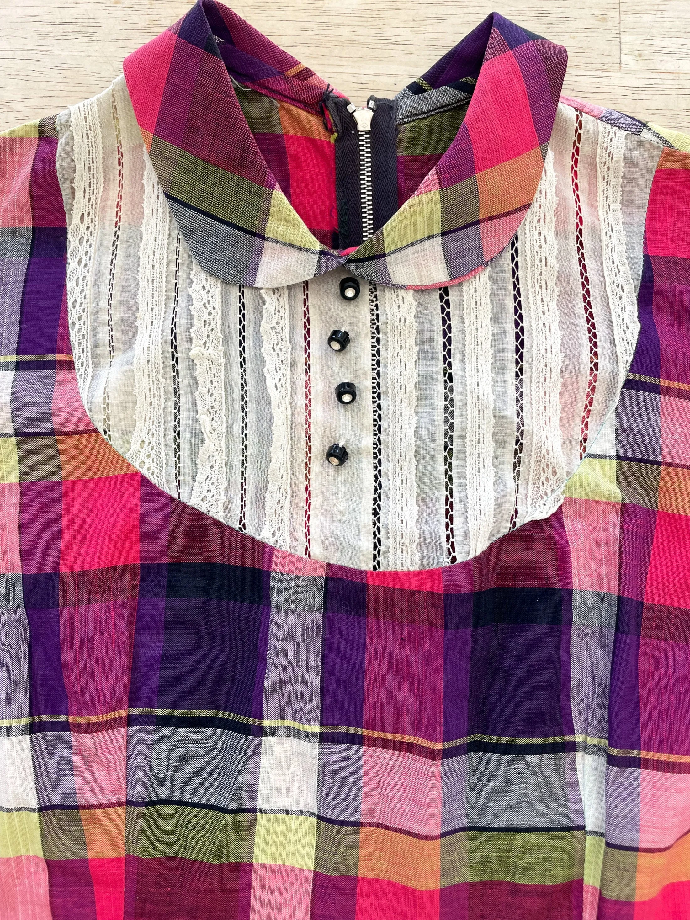 Vintage 50s Pink Plaid Mini Dress   Peter Pan Collar, Rhinestone Buttons, Girls/Teen